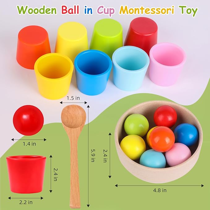 Rainbow Balls in Cups Toddler Montessori Toys - Color Sorting Toys for Toddlers for 3 Year Old Up, Learning Color Sorting and Counting, Kids Preschool Wooden Matching Games (8 Balls, 1.4 in)