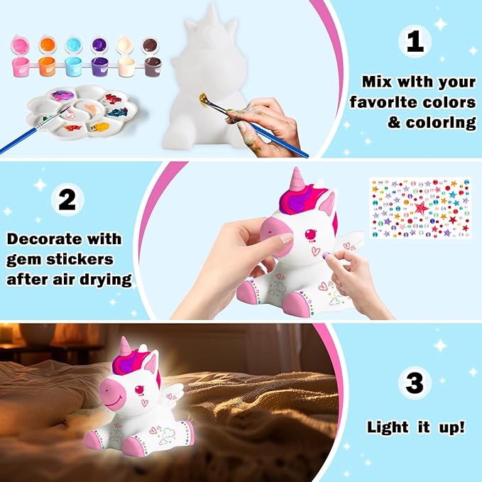 FUNZBO Paint Your Own Unicorn Lamp Kit - Arts and Crafts Supplies Painting Kits for Kids Teens Adults, DIY Night Light Unicorn Toy for Toddler Girls Age 3 4 5 6 7 8 9 10 11 12 13 + Birthday Gifts