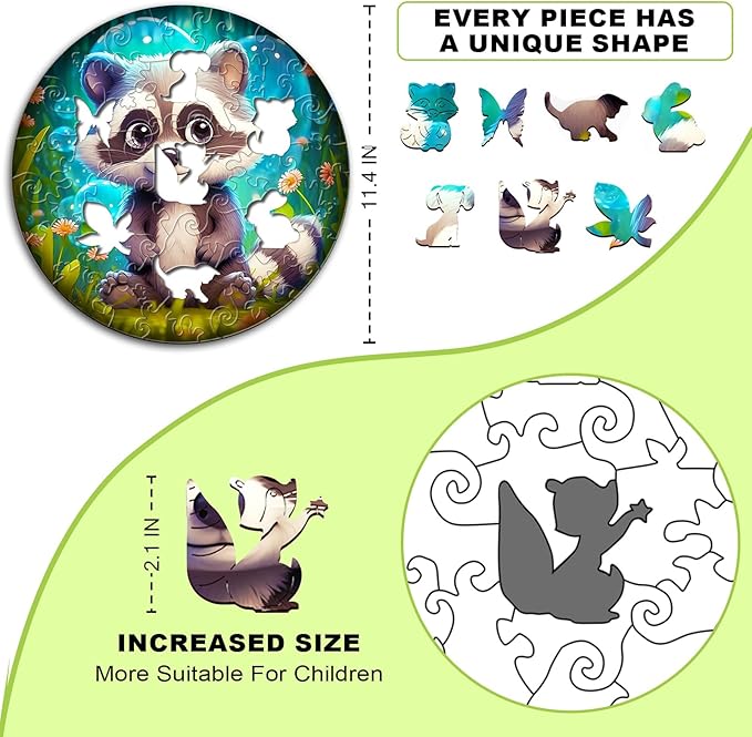 Christmas Birthday Gifts for Kids Girls Boys, Wooden Jigsaw Puzzles for Kids Ages 4-6, 50 Piece Unique Shape Animal Theme Puzzle - Preschool Learning Educational Toys for Kid 3+ (Raccoon)