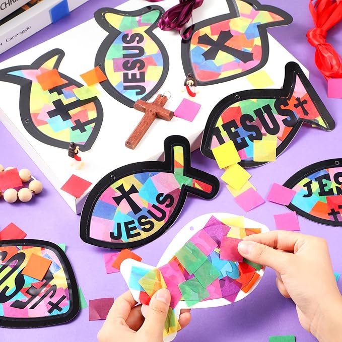 Funrous 32 Set Faith Fish Suncatcher Craft Kit DIY Jesus Fish Craft Religious Cross Hanging Ornament Christian Colorful Tissue Paper for Church Bible Vbs Sunday School Classroom Home Window Deocr