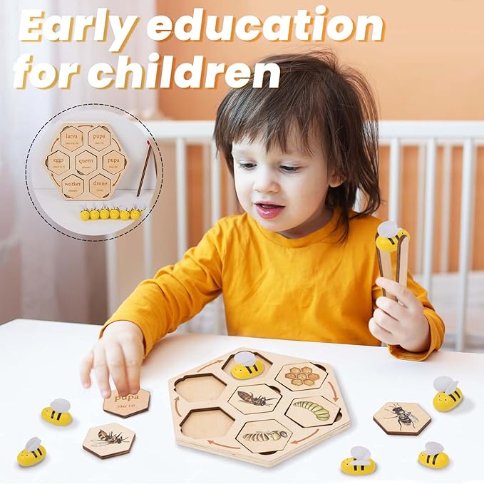 Adena Montessori Wooden Bee Life Cycle Puzzle Toy Set with Tray and Clamp, Animal Life Cycle Educational Activity for 3-6 Year Old Boys & Girls