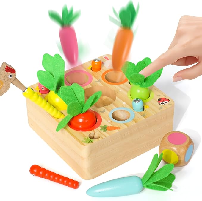 Montessori Toys for 1 Year Old, Wooden Toy for Baby 6-12 Months, Carrot Harvest Game for Kids, Shape Sorting Matching Puzzle, Educational Birthday for Boys and Girls(Pop Up Carrot)