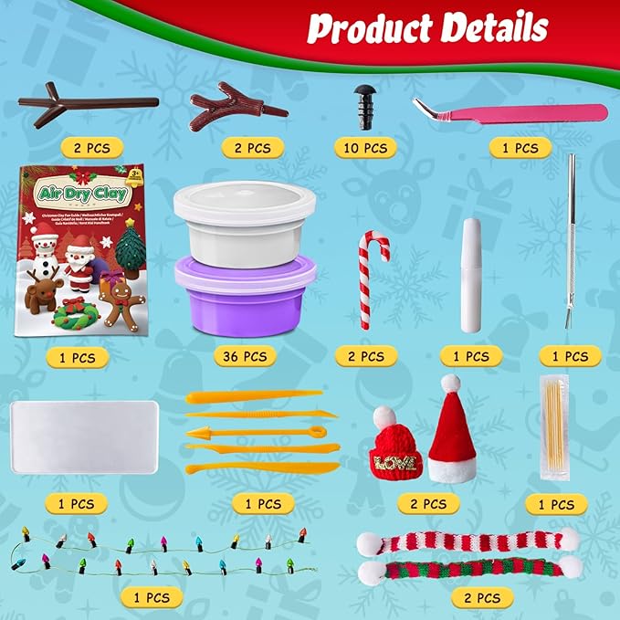 ESSENSON Air Dry Clay Christmas Kit, 36 Colors DIY Modeling Clay Craft Set with Accessories, Christmas Stocking Stuffers for Kids, Xmas Gift for Girls Boys