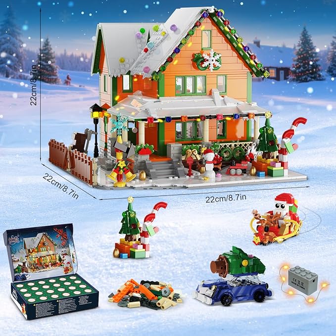 Advent Calendar 2025 Christmas House Mini Building Set with Light, 24 Days Countdown Snow Village Building Block Kit with Santa Claus Sleigh, Holiday Building Toy Gift for Adults Boys Girls 14+