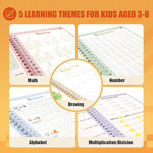 Magic Practice Copybook, Reusable Writing Practice Book, Grooved Handwriting Copybook Set for Preschool Kids Age 3-8 Calligraphy 5.7 * 7.9 inch (5 PCS with 5 Cactus Pens & A Storage Bag)