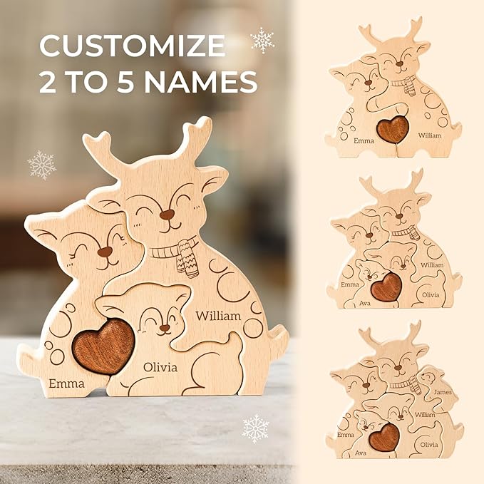 Wooden Elk Family Puzzle, Personalized Puzzles with 2-5 Names, Birthday Christmas Personalized Gifts for Kids Teen Boys Girls Mom Dad Grandma Toddler, Christmas Thanksgiving Decor Gifts