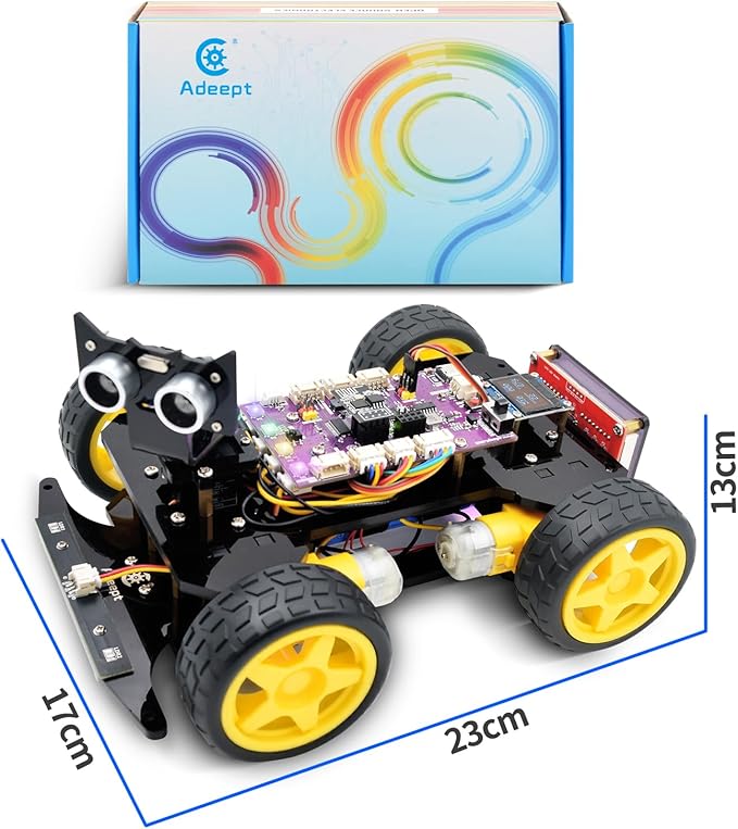 Adeept 4WD Smart Car Kit(Compatible with Arduino IDE), Line Tracking, Light Tracing, Obstacle Avoidance, Servo Motor, OLED Display, Buzzer, LED Dot Matrix Display