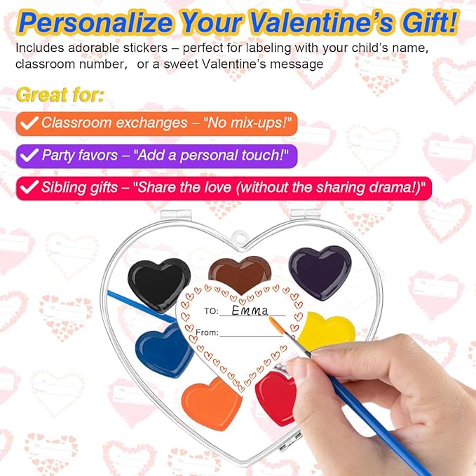 Valentines Day Gifts for Kids, 2 Pack 8 Colors Heart Shaped Watercolor Paint Set with Paintbrush, Prizes Exchange Washable Water Color Kids Paint Set Art Supplies Party Favors for Preschool Classroom School