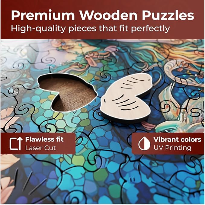 Crafthub Mystical Creatures Wooden Puzzles for Adults – A3 Dreamy Mermaid with 127 Pieces Wood Puzzles – Jigsaw Puzzles with Unique Animal Shapes – 10.9"x10.9"