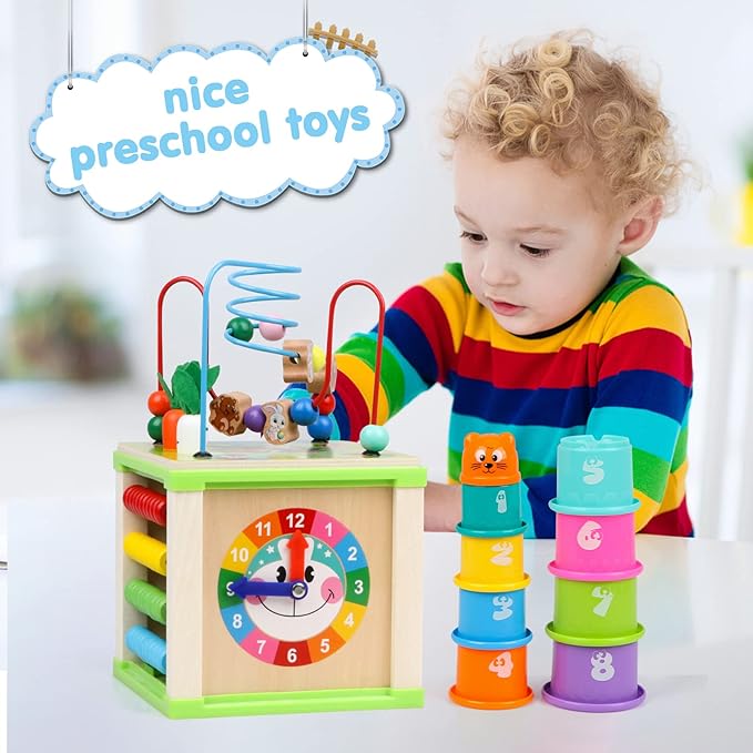 Wooden Activity Cube,Montessori Toys Gift Set for 12+ Months Boys & Girls,Educational Learning Toys for Toddlers Age 1+,First Birthday Gift for Baby