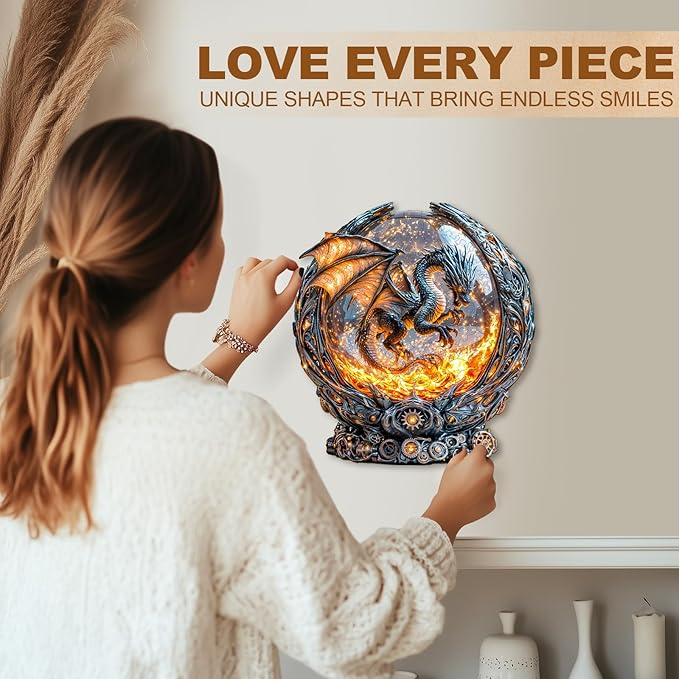 WOODBESTS Wooden Puzzles for Adults, Magic Ball Fire Dragon Wood Puzzles Adult(245 Pieces, L, 13.4 * 12.3in), Unique Shape Wooden Animal Jigsaw Puzzles, Birthday Gifts for Adults Family Game