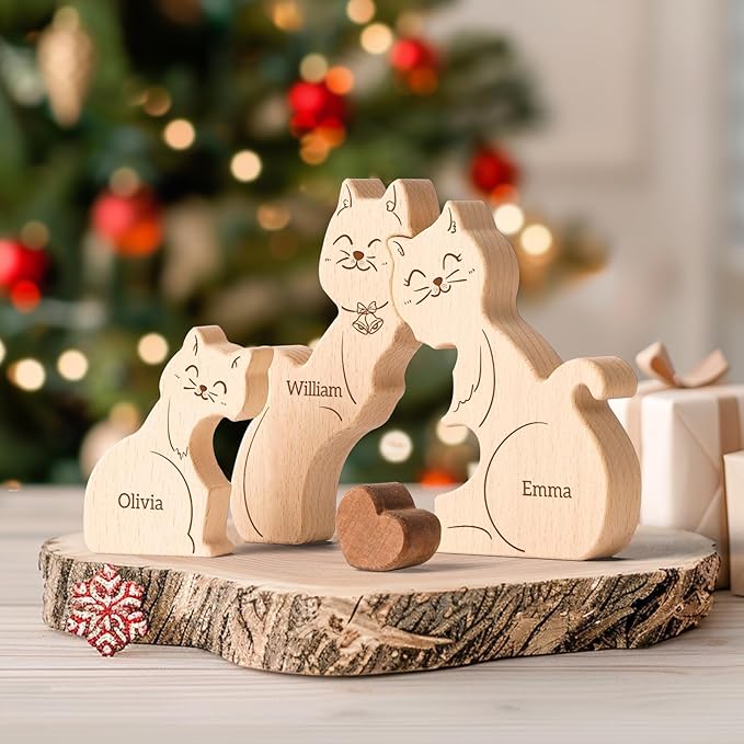 Wooden Mommy Cat Family Puzzle, Personalized Puzzles with 2-5 Names, Mothers Day Birthday Personalized Gifts for Mom Dad Grandma Kids Boys Girls Toddler, Christmas Thanksgiving Decor