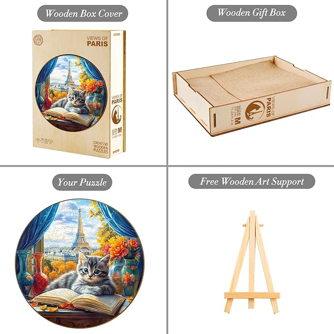 KAAYEE Wooden Puzzles for Adults, 3D Visual Effect Paris and Cat Wooden Jigsaw Puzzle Unique Shape Wood Puzzle Adult, 3D Effect Flat Puzzle Birthday Family Games (M-11.4 * 11.4 in-200pcs)