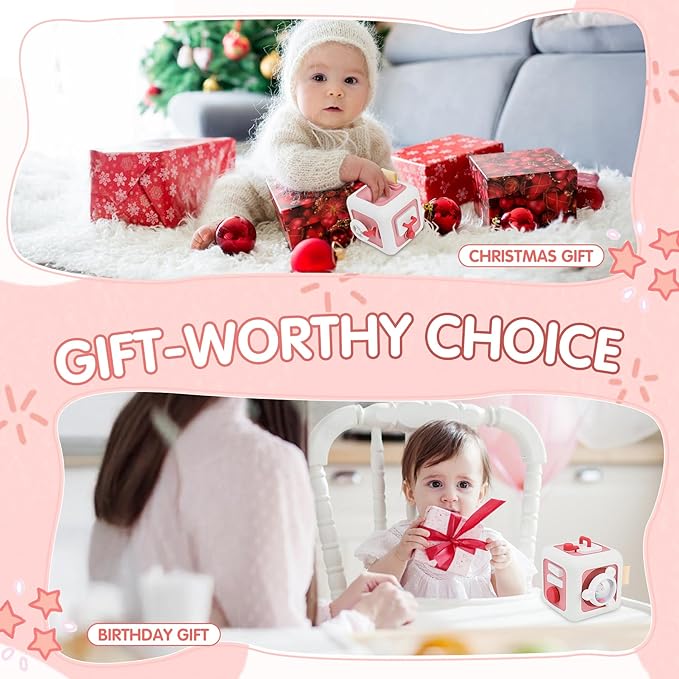 Toys for 1 Year Old Boy Girl, Montessori Busy Board Busy Cube, Travel Toys for Toddlers 1-3, 1 Year Old Girl Boy Gifts, Pink