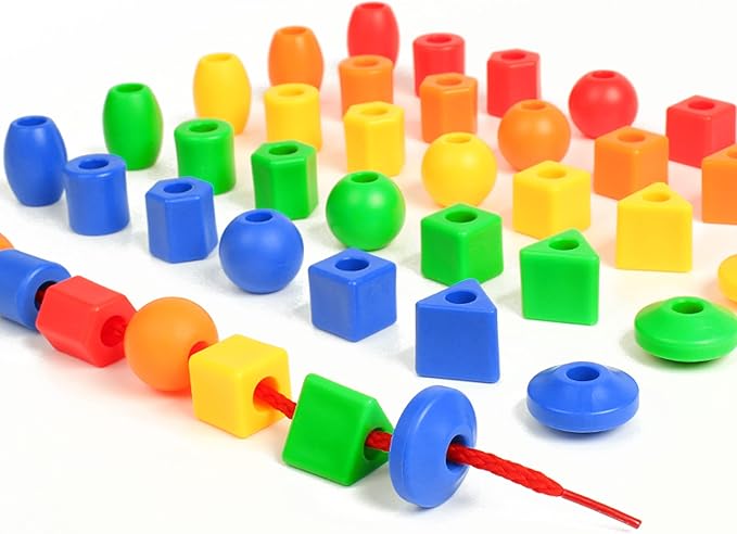 Lacing Beads for Toddlers (60 Stringing Beads,4 Strings) -Educational Montessori Preschool Activities,Toddler Sensory Occupational Therapy Toys Autism OT (with Storage Bag)