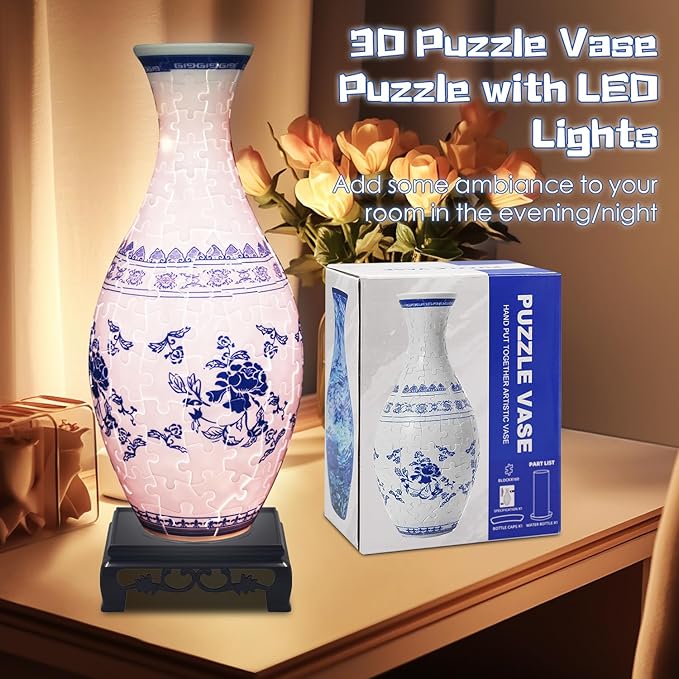 3D Puzzle Vase with LED Light - 160 Pieces DIY Flower Vase Kit for Adults, Decorative Crafts for Flower Arrangement and Home Decoration (Light Blue)
