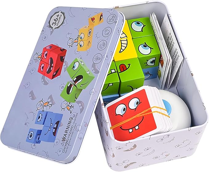Large Wooden Face Expression Puzzle Building Cubes Manipulatives Face Changing Magic Cube Puzzles Matching Game with Bell Logical Thinking Training Brain Educational Montessori STEM Toys