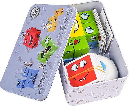 Large Wooden Face Expression Puzzle Building Cubes Manipulatives Face Changing Magic Cube Puzzles Matching Game with Bell Logical Thinking Training Brain Educational Montessori STEM Toys