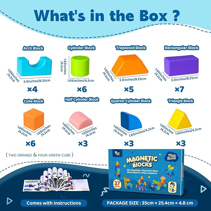 Magnetic Building Blocks, 37PCS Magnetic Blocks for Kids Ages 4-8, 3D Multi-Shape Stacking Blocks, Sensory Montessori Magnet Cubes Toys for Boys & Girls Ages 4+
