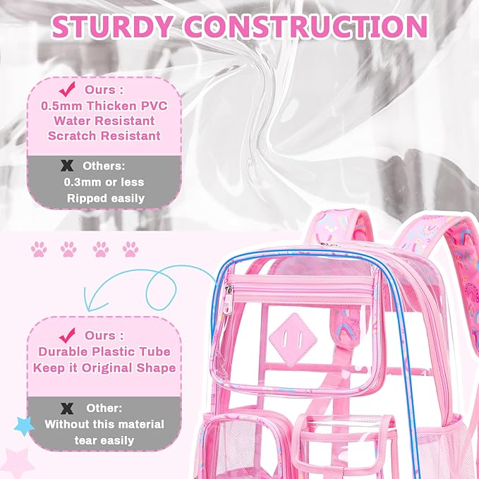 Clear Backpack for School,Heavy Duty PVC Transparent Bookbag for Girls Stadium Approved See Through Backpack