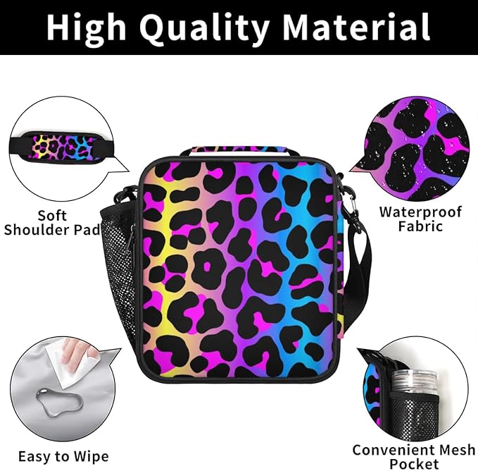 Rainbow Leopard Lunch Bags with Shoulder Strap Cheetah Print Insulated Lunch Boxes for Kid Girls Women Waterproof Thermal Cooler Tote Bag Portable Picnic Bag for School Work Outdoor Gifts