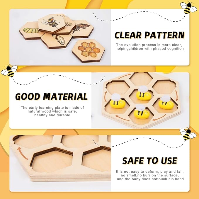Adena Montessori Wooden Bee Life Cycle Puzzle Toy Set with Tray and Clamp, Animal Life Cycle Educational Activity for 3-6 Year Old Boys & Girls