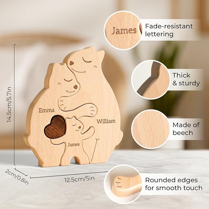 Wooden Bears Family Puzzle, Personalized Puzzles with 2–5 Names, Father's Day Mother's Day Birthday Personalized Gifts for Mom Dad Kids Teen Boys Girls Grandma Toddler