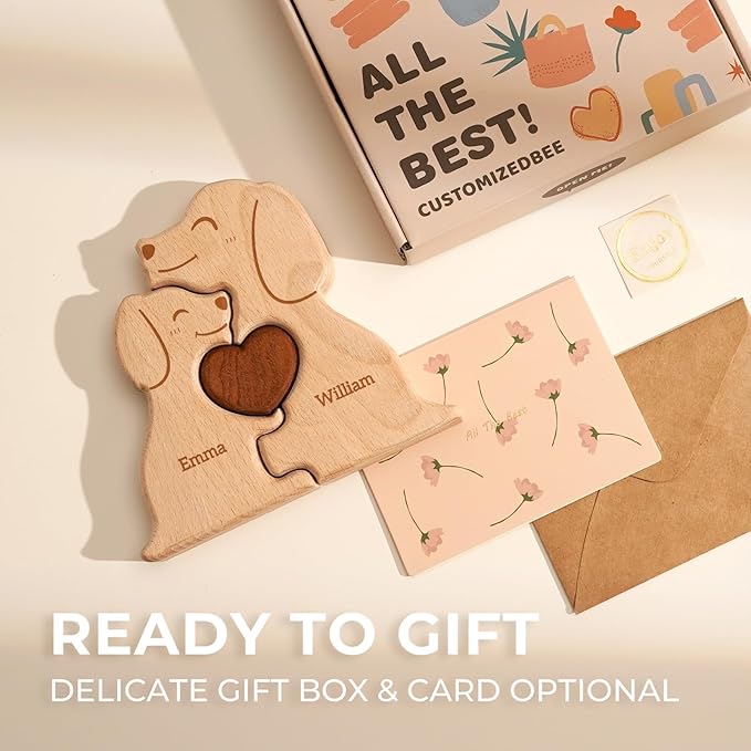 Wooden Dogs Family Puzzle, Personalized Puzzles with 2–5 Names, Father's Day Personalized Gifts for Mom Dad Kids Teen Boys Girls Grandma, Toddler Men Mother's Day Birthday