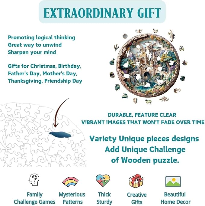 Wooden Puzzles Adults, 3D Castle Wooden Puzzles 300 Pieces, Unique Animal Shaped Wood Challenging Jigsaw Puzzles Gifts for Adults, 13.4x13.4in