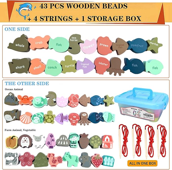 Educational Wooden Threading Beads Toys for Toddlers,47 PCS Stringing Animals Ocean Farm Preschool Lacing Beads,Montessori Toys for Kids 3 4 5 6 Year Old Boys Girls…
