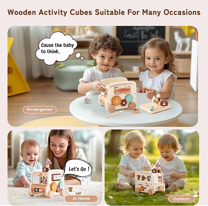 Wooden Activity Cube 8-in-1 Montessori Toys | Multifunctional Early Educational Learning Toys | Wooden Toy for Baby Shape Sorter Xylophone Animal Travel Bus Boy Girl Birthday Gift（Beige Bus）