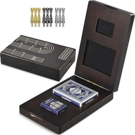 15.5'' Cribbage Board Game Set with Magnetic Lock, Folding Wooden Continuous 3 Track Scoreboard with Large Slots for Storing 1 Playing Cards and 9 Metal Pegs, Travel Game for Family Kid Adult