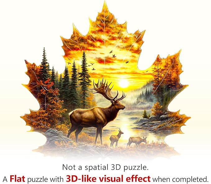 WOODBESTS Wooden Puzzles for Adults-Elk & Maple Leaves, 100 Pieces Wood Puzzle (S-8.5 * 8.3in), Premium Art Shape Wooden Animal Jigsaw Puzzles, for Men/Women & Family Game Night