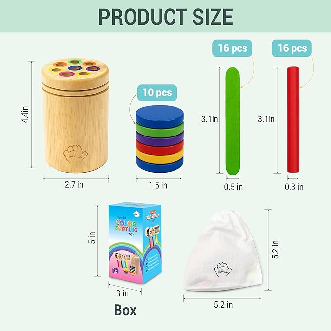 Bublo Baby Wooden Montessori Color Sorting Toy for Toddlers 1-3 – Fine Motor Skills Toys for 1, 2, 3 Year Old – Toddler Busy Toys – 46-Piece Wooden Color Sorting & Stacking Toy Set