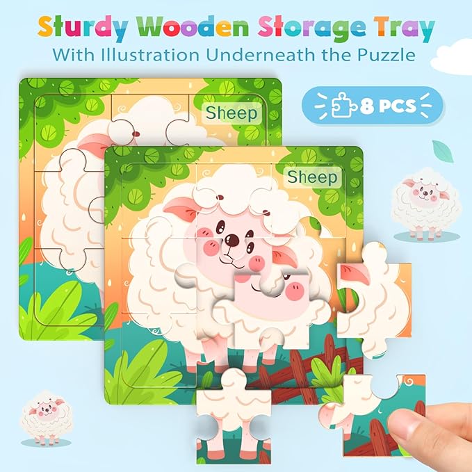 Wooden Puzzles for Toddlers, 8 Pack Farm Animal Jigsaw Puzzles for Kids3-5, 9 Pieces Preschool Learning Activities, Learning & Educational Toys, Gift for Boys, Girls