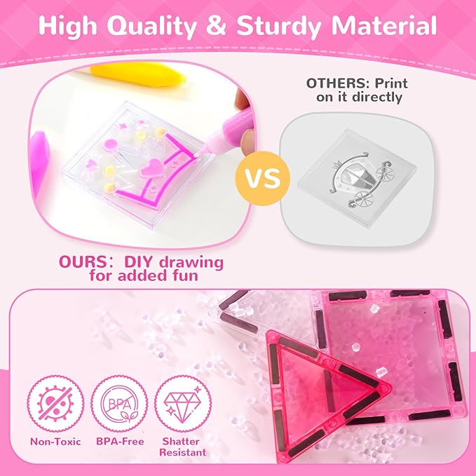 Diamond Magnetic Tiles Building Blocks – Princess Castle Pretend Play Toys with DIY Painting Set and Stickers for Kids 4 5 6 7 8 Year Old STEM Educational Birthday for Girls Boy