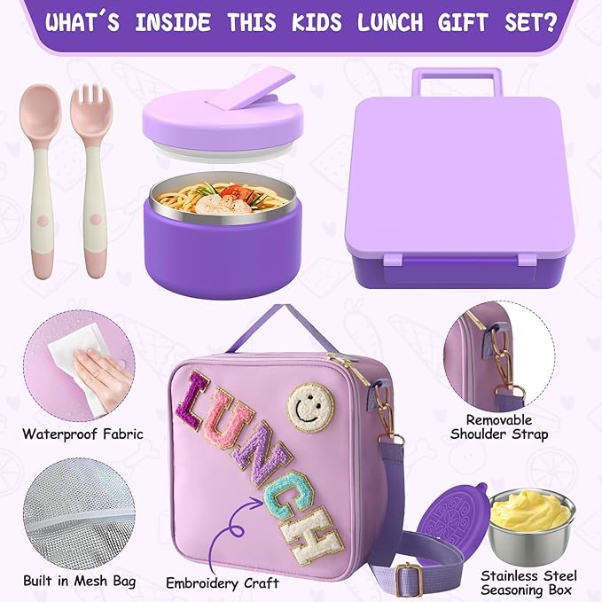 Kids Bento Lunch Box with 8oz Soup Thermo, Kids Leakproof Lunch Food Containers with 4 Compartment,Insulated Hot Food Jar with Lunch Bag for School, Travel (Purple)