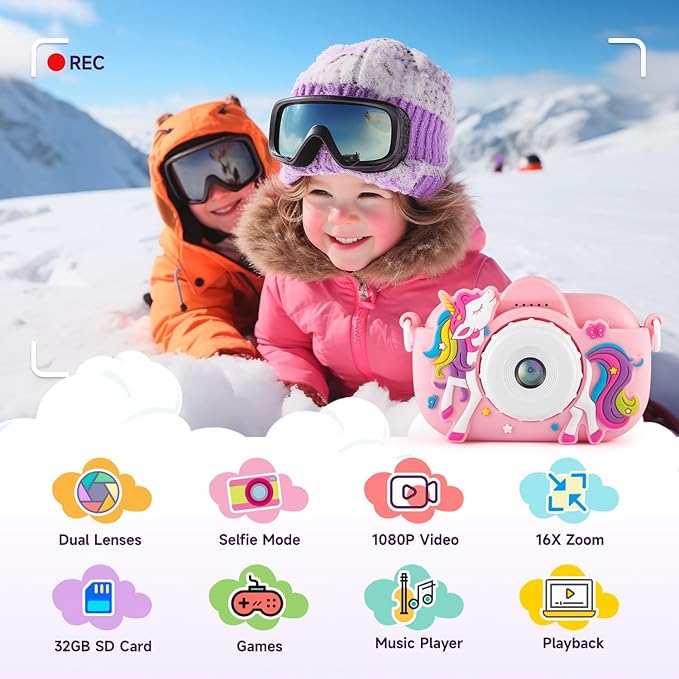 Kids Camera Digital Camera for Age 3-8, 1080P Toddler Selfie Camera for Kid with Cute Cover, Toddler Girls Toys Age 6-8, Christmas Birthday Gifts for Children Kid