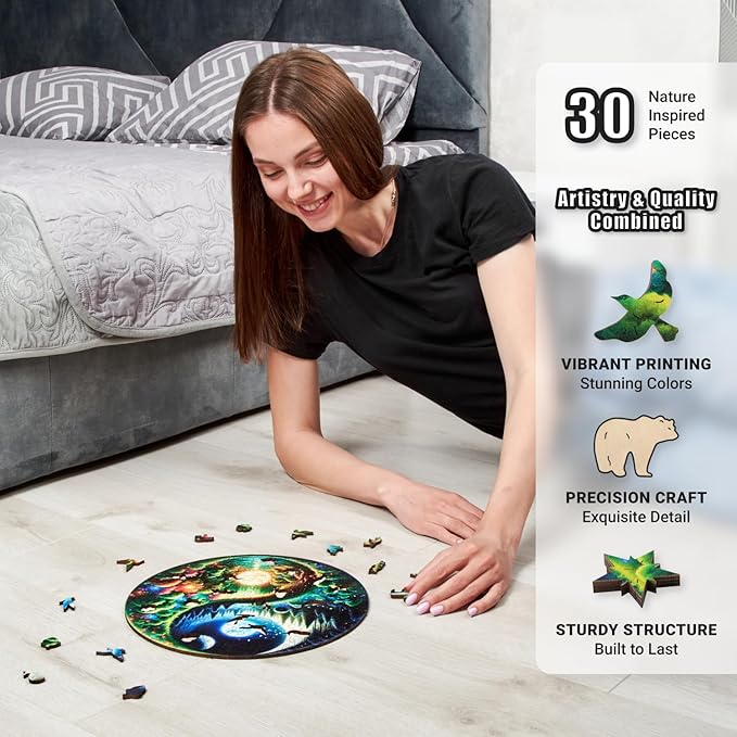 LEOGOR Wooden Jigsaw Puzzles for Adults 200 Pieces (11.6 × 11.5 in), Yin Yang Puzzle, Extra-Thick 5mm Round Wood Puzzle with Unique Shapes, Relaxing, Artistic Gift for Adults and Teens