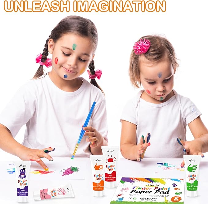 27PCS Kids Washable Finger Paint Set, 8 Colors Non Toxic Finger Paints, Finger Paint Paper, Brushes, Sponges, Art Painting Supplies for Toddlers,Finger Painting Supplies for Kids Boys Girls Gifts