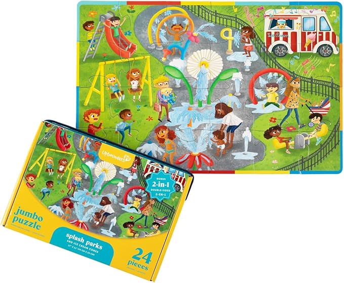 Upbounders® Double-Sided Jumbo Floor Puzzle for Kids | 24-Piece Jigsaw Puzzle with Large Pieces & Storage Box | Multicultural Puzzle for Toddlers & Children (Splash Park & Playground Theme)