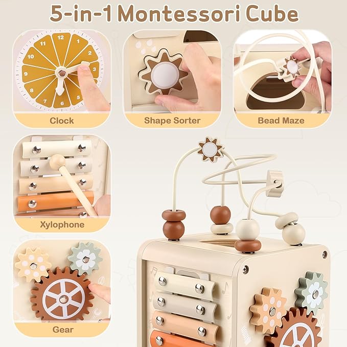 Vanplay Montessori Toys for 1+ Year Old Girls Boy Gifts, Wooden Sensory Activity Cube for Babies 12-18 Months, Learning Educational Toys 1 2 3 Year Old First Birthday Gifts for Toddler 1-3