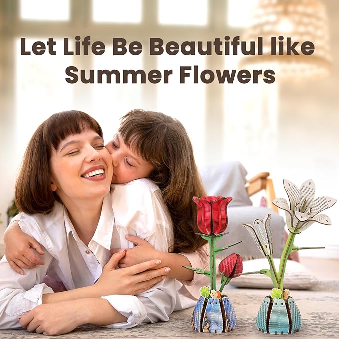 Jege 3D Flowers Wooden Puzzles for Adults,DIY Wooden 2 Flowers per Kit Building Set for Home Decor, Creative Craft Gift Toys Kits with 2 Perfume Bottles and Diffuser Sticks (Rose + Lily)