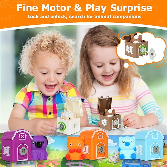 Toddler Learning Toys for 2 3 4+ Year Olds, Counting, Matching & Sorting Montessori Toy with Farm Animals, Playmat, Finger Puppets, Shape Keys and House, Easter Christmas Birthday Gift for Boys Girls