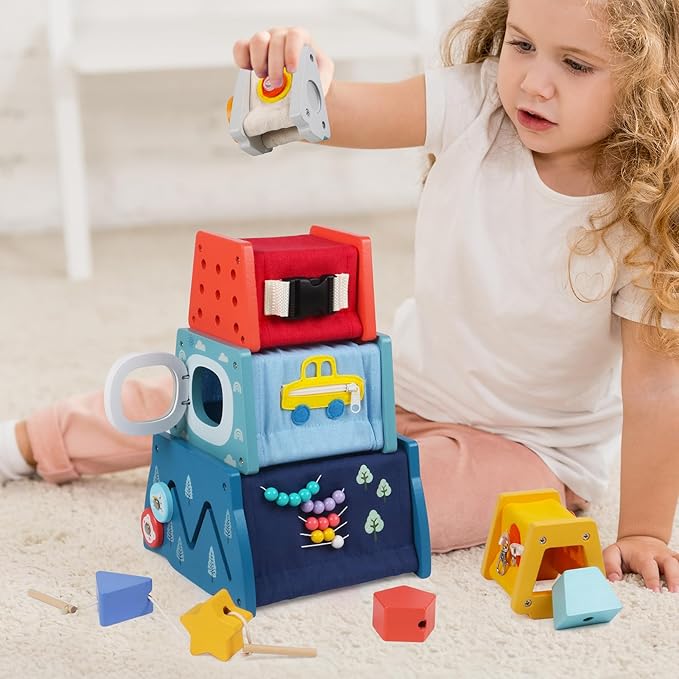 Wooden Activity Cube,14-in-1 Wooden Montessori Learning Toys for 36 M+ Toddlers, Nesting & Stacking Preschool Montessori Toy Set with Bonus Sorting & Stacking Board