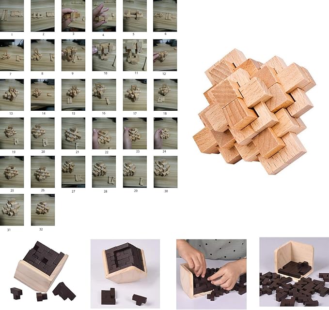 18 Pack Wooden Brain Teaser Puzzles Wooden Burr Puzzles Brain Teaser Puzzle with Gift Packing Box Magic Puzzle Games Toys for Kids and Adults by AHYUAN (Natural Wood)