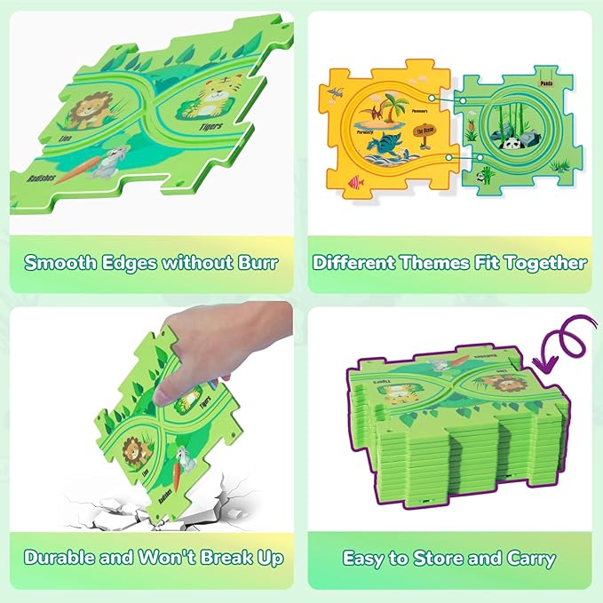 Plastic Floor Puzzles for Kids with 2 Cute Vehicles, Puzzle Racer Kids Car Track Set, Montessori Toys for 3 4 5 6 Year Old Boys, Gifts for 3 4 5 6 Year Old Boys, Toys for Ages 3-4