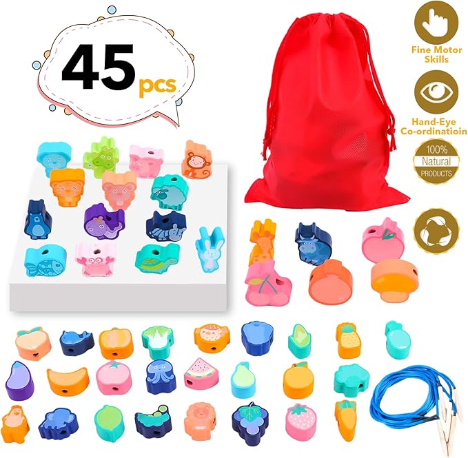 50PCS Wooden Lacing Beads,Animals Fruits Threading Beads Set,Wooden Preschool Learning Lacing Toys,Vegetable Stringing Toy,Montessori Educational Threading Toy for Toddlers 3 4 5 6 Year Old Boys Girls