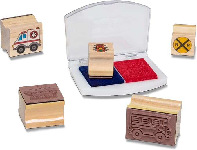 Melissa & Doug Deluxe Wooden Stamp and Coloring Set – Vehicles (30 Stamps, 6 Markers, 2 Durable 2-Color Stamp Pads)