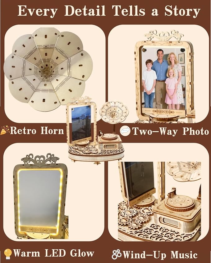 3D Wooden Puzzle Gramophone for Adults – DIY Mechanical Music Box Kit with LED Lights & Rotating Photo Frame, Creative Building Model Sets Gift for Teens, Men & Women